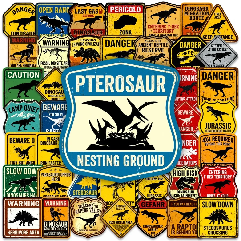 50Pcs Vintage Dinosaur Warning Sticker Creative Jurassic‑Style Waterproof Decals for Luggage Skateboard DIY Aesthetic Decoration