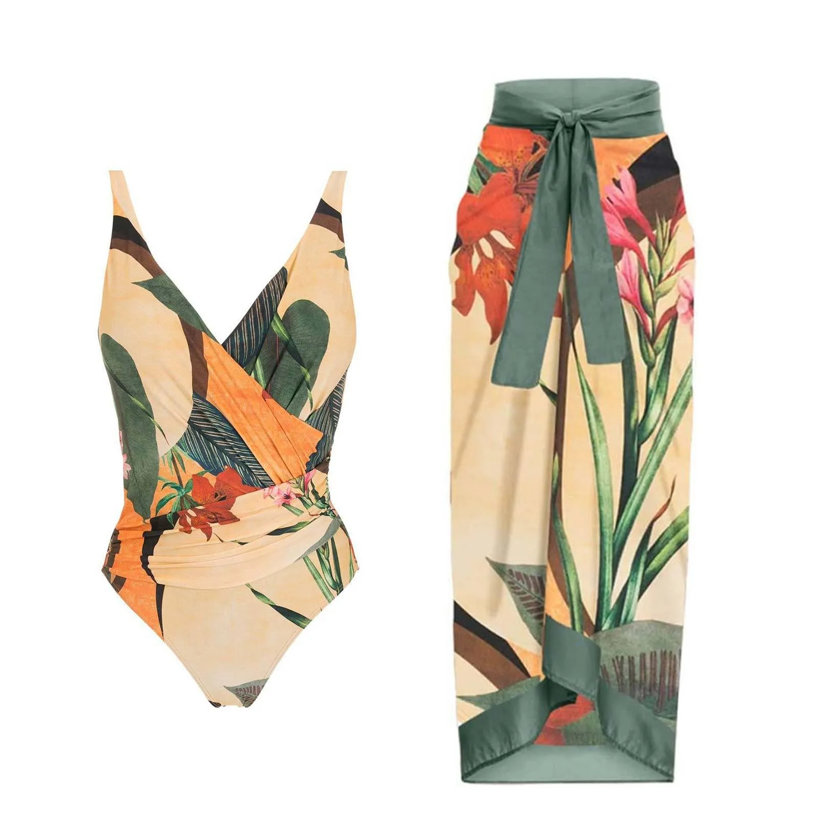 New Women One-piece Printed Swimsuit Two-piece Lace-up Chiffon Skirt Swimsuit Sexy Body Lingerie Women Suit