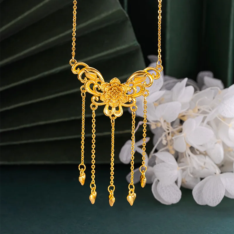 

Luxury 24K 9999 Pure Gold real gold Women's Flower Love Tassel Chain Wedding Bride Chain