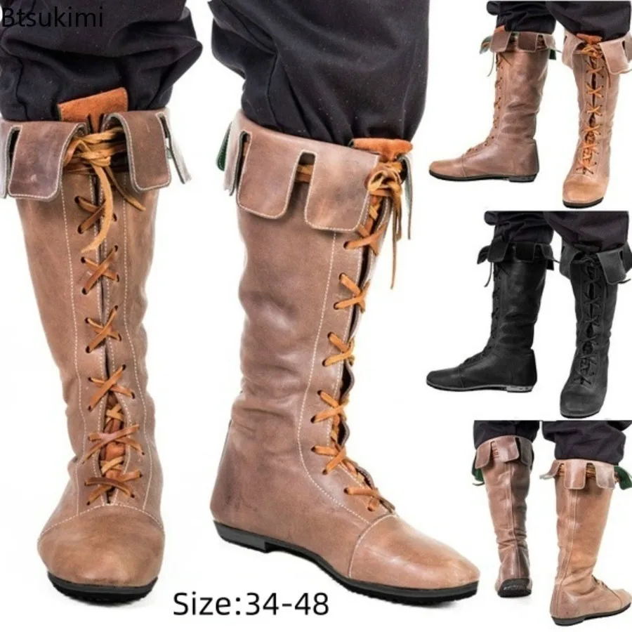 Vintage Medieval Princess Men Prince Knight Boots Gothic Lace Up Viking Pirate Cosplay Adult Halloween Archer Costume Shoes Prop