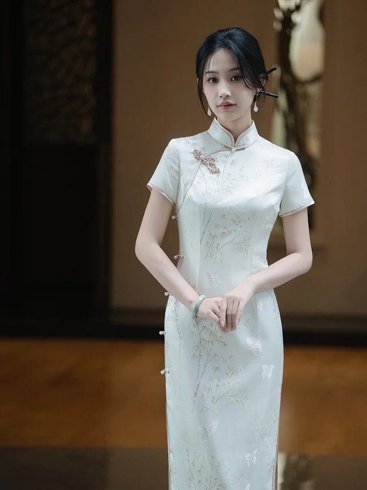 

Elegant Silk Dress Vintage Engagement Ceremony Dress Women's Style High Slit Short Sleeve Breathable Floral Pattern