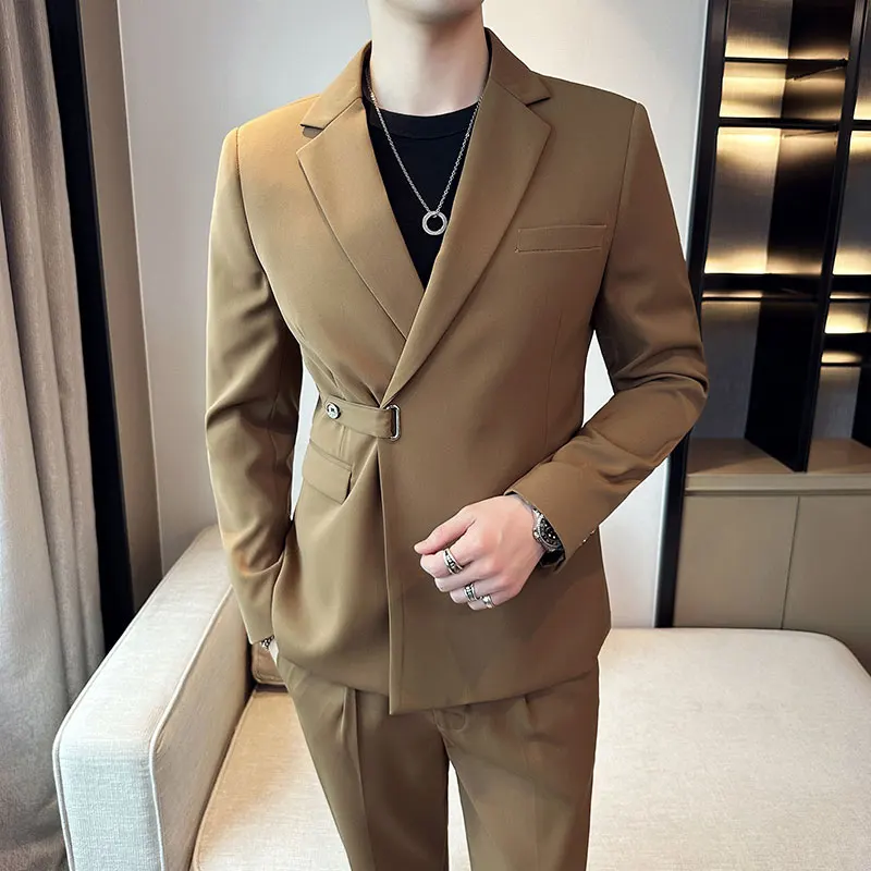 Spring British Slim Man (suit + Trousers) Stylish  Handsome with Solid Color Korean Version Casual Diagonal Buckle Two-piece Set