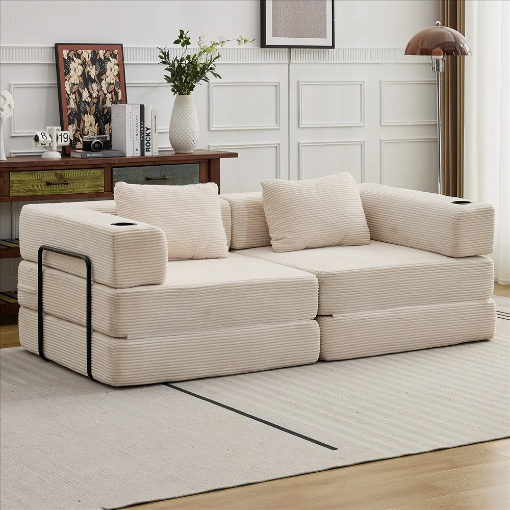 Modernes Frei Kombinierbares Modulares Ecksofa Olivgrüner Cord Convertible Couch mit Getränkehaltern Platzsparende Möbel – Detail 12