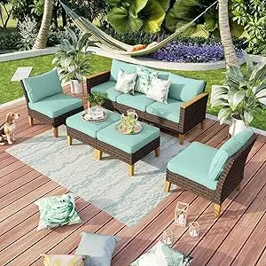 7 buah Set furnitur teras anyaman ekstra besar, 2 x Sofa tanpa lengan, 2 x Ottoman, Sofa 3 tempat duduk, Sofa serbaguna