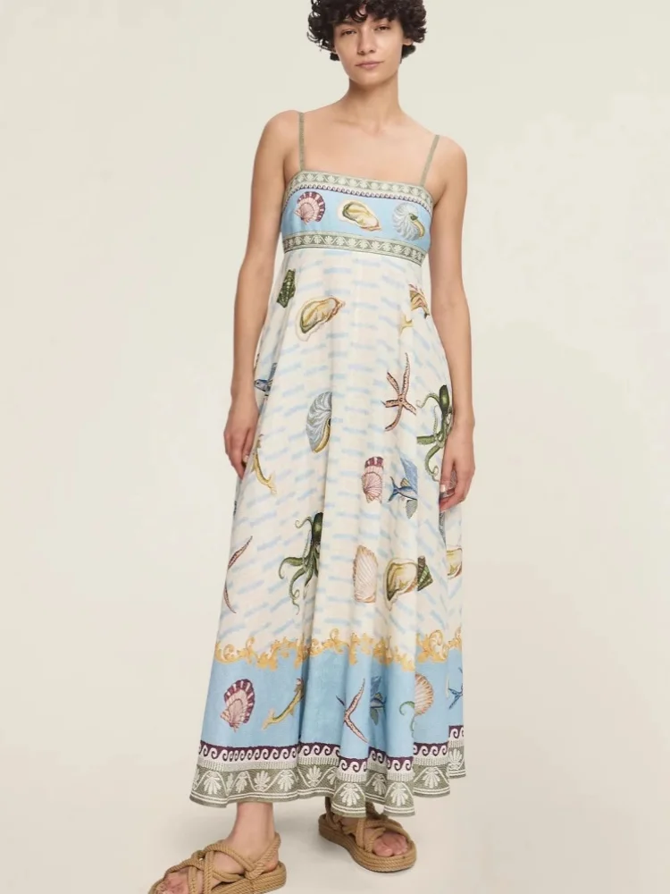 

Women Comfort Linen Sky Blue Cute Ocean Pattern Maxi Dress Beach Style Vacation Long Dresses Strap Backless Big Swing Flowing