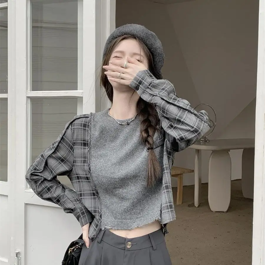 

Korea Short Shirt Patchwork Women'S T-Shirt Clothing Elegant Versatile New Fashion Splice Long Sleeve Casual Plaid