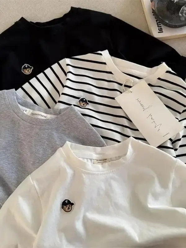 

Детская футболка с медведем, с длинным рукавом, в полоску, эластичная, для весны и осени, новая модель, хлопковый топ с круглым вырезом для малышей