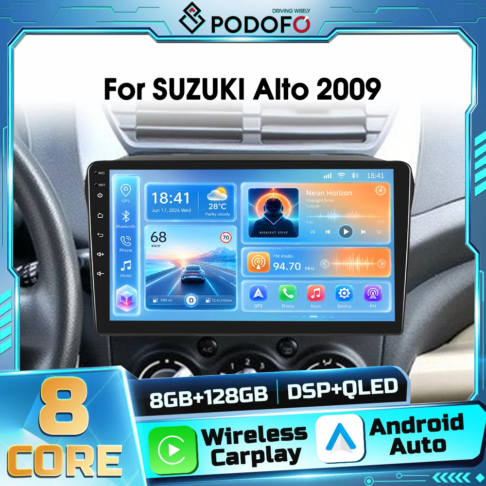 Lettore Multimediale per Auto Android 2din con Controllo Vocale AI Podofo per SUZUKI Alto 2009, Carplay Wireless, Android Auto, Navigazione GPS, WIFI, DSP, FM, RDS, Bluetooth