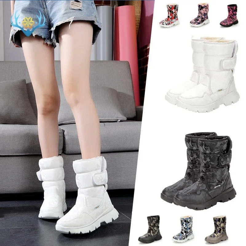 

Warm Plush Cotton High Tops Women Snow Boots White Camouflage Waterproof Mid-calf Warm Plush Lining Light Weight
