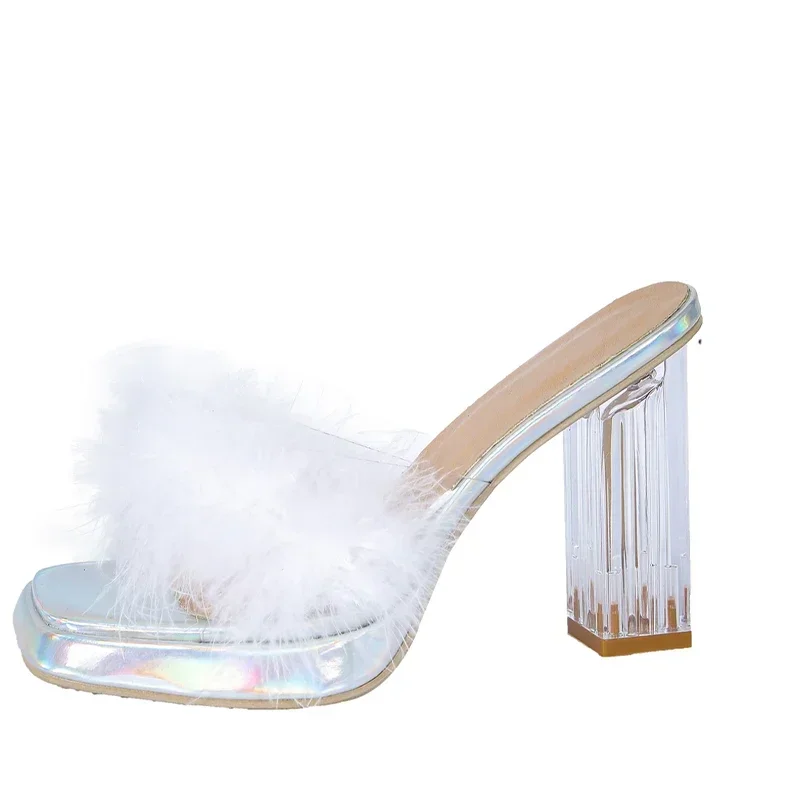 Fluffy Pvc High Heels Slippers Chunky Women Shoes Summer Dress Sandals 2024 Designer Transparent Flip Flops Pumps Femme Slides