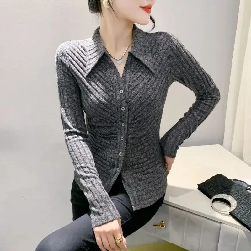 Fashion Lapel Button Korean Solid Color Folds Shirts Women\'s Clothing 2023 Autumn Winter Slim All-match Tops Commuter Blouses