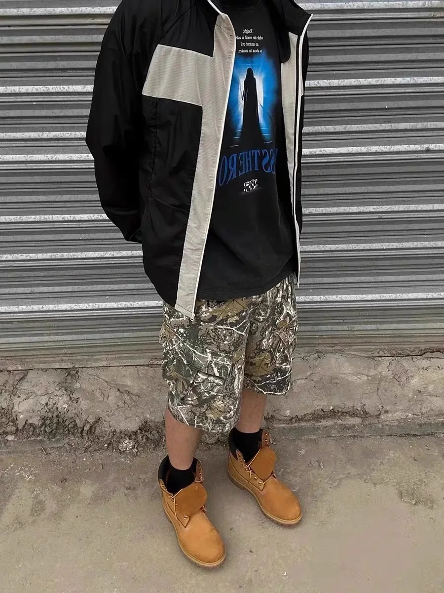 2024 Summer New Harajuku Hip Hop Camouflage Retro Oversized Denim Shorts Fashion Men's Straight Leg Wide Leg Jeans Street Wear