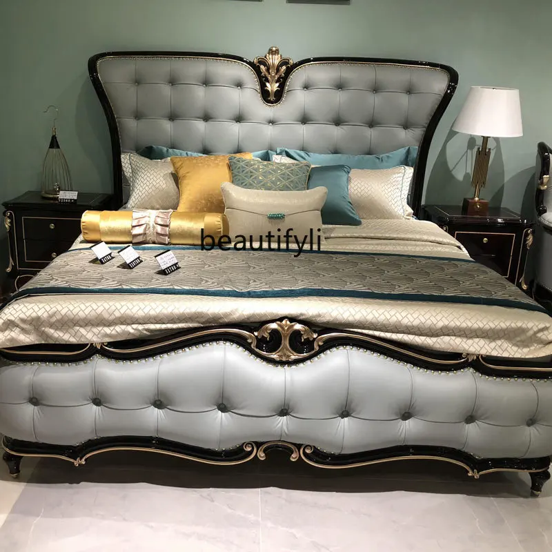 European-Style Leather Bed Bedroom Wood Carved New Classical Luxury 1.8 M Princess Bed Simple European Furniture