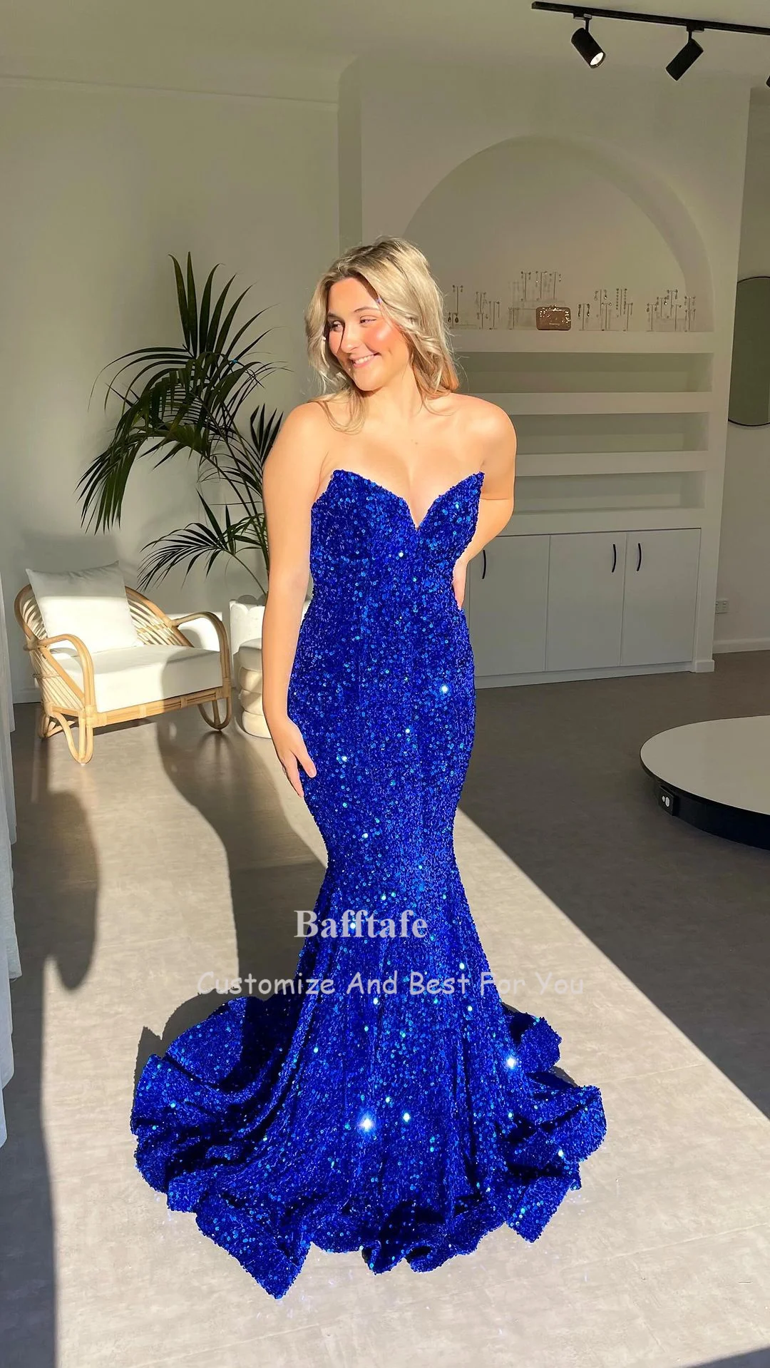 Bafftafe Mermaid Sequin Women Evening Dresses Royal Blue Fishtail Prom Party Gowns Strapless Formal Celebrity Dress Customized