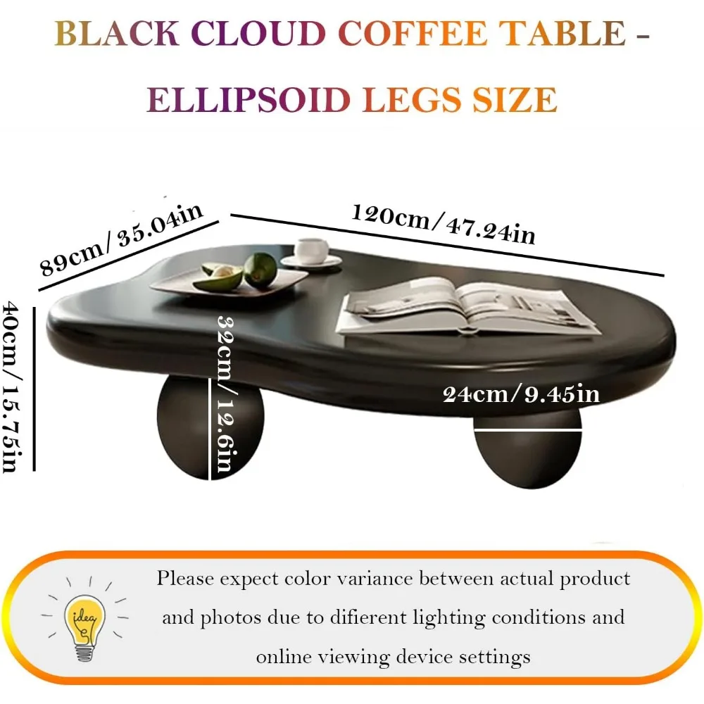 Asymmetric Black Coffee Table with 3 Stable Ellipsoid Leg, Modern Stylish Cloud Center Table - Cafe Books Laptop Snacks