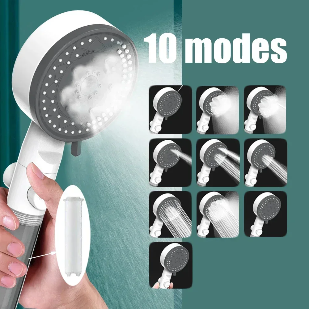 10 Mode Showerheads High Pressure Filter Showerheads One Touch Stop Bathroom Handheld Water Saving Sprayer Bathroom Accessories