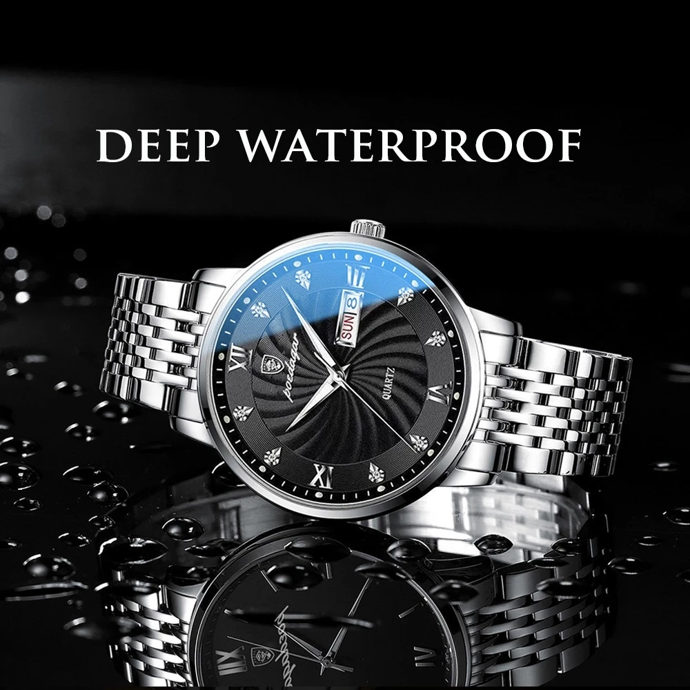 POEDAGAR New Business Mens Watches Top Brand Luxury Stainless Steel Waterproof Week Date Quartz Watch for Men Relogio Masculino