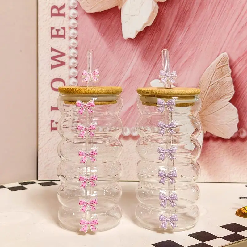 Jar Shaped Glass Cup with Plastic Straw Cute Bow Tie Lid Leakproof Water Bottle for Kids and Parties