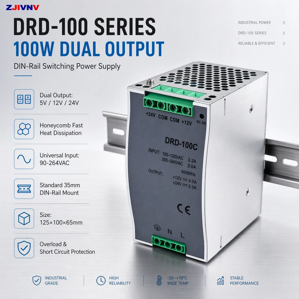 100W Dual Output DIN-Rail Power Supply DRD-100 AC 90-264V to DC 5V 12V 24V Metal Honeycomb Cooling Switching Source for PLC