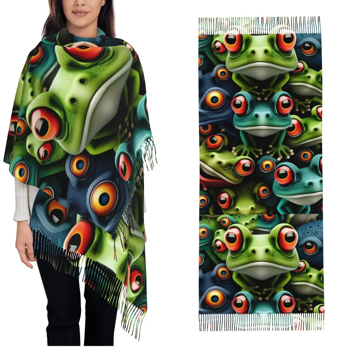

Забавный шарф с рисунком лягушки, большие шарфы унисекс с длинной кисточкой, зимняя роскошная шаль 2024, теплая мягкая шаль с принтом Bufanda Mujer