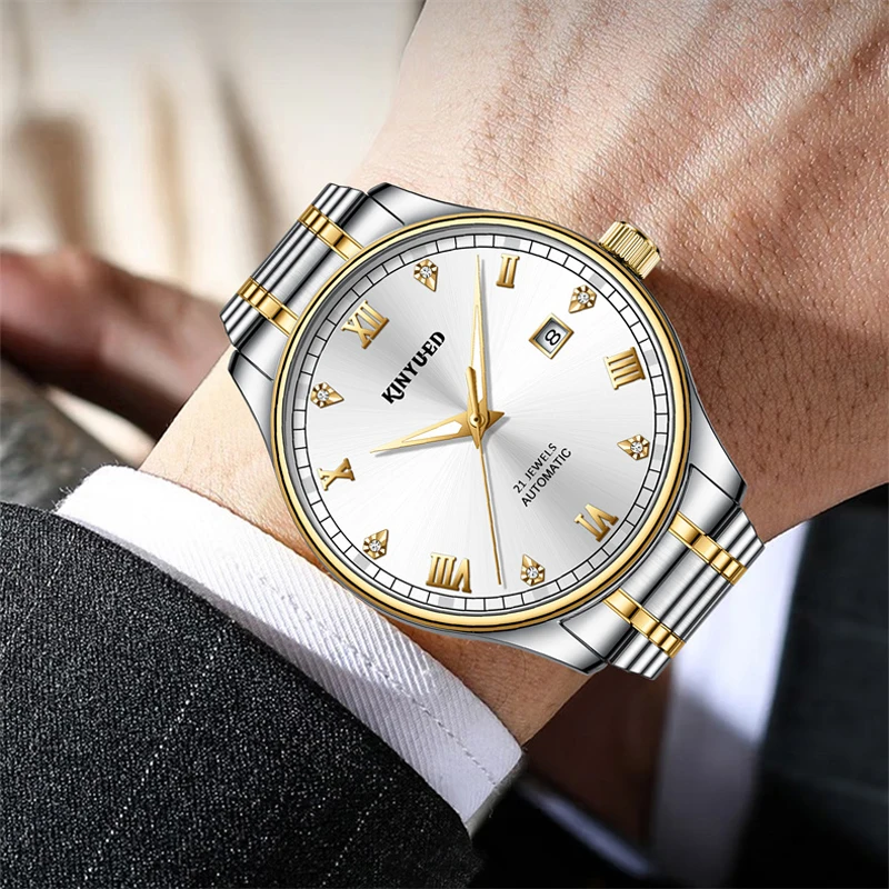 KINYUED Automatic Mechanical Watch For Men Sports Waterproof Date Watches Luxury Stainless Steel 3Bar Reloj Hombres