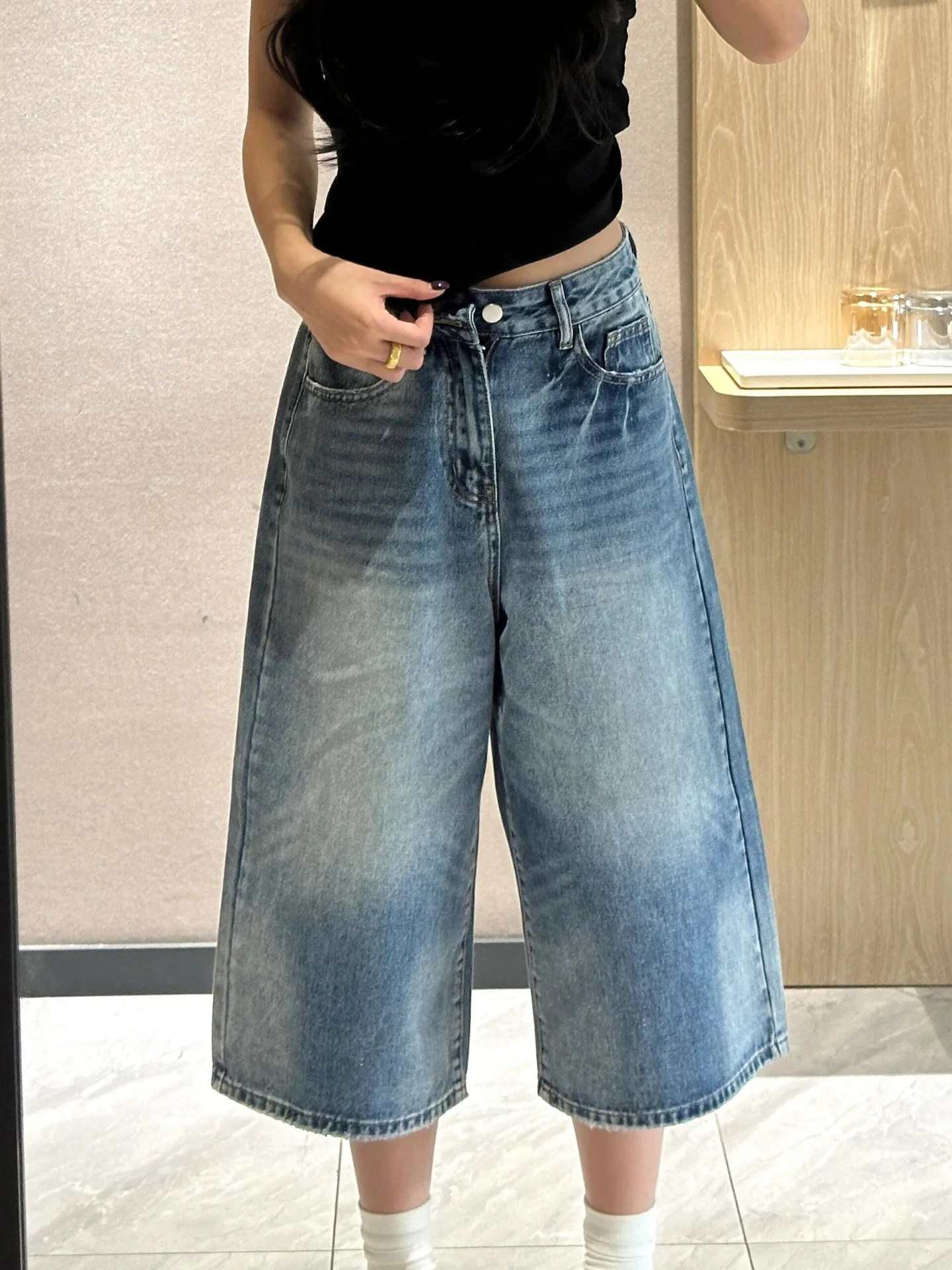 Pantalones vaqueros retro azules estilo americano para mujer, talla grande, cintura alta, pierna recta, pierna ancha, pantalones de media pierna.