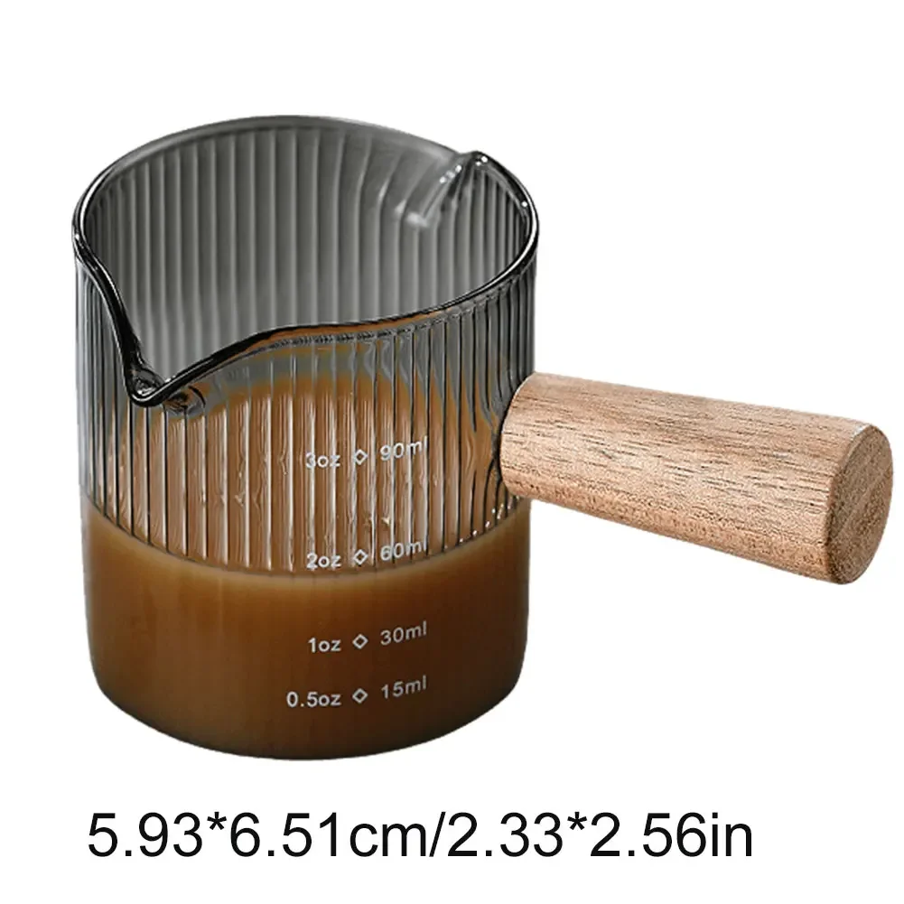 75ml Scale Measure Mug with Wood Handle Glass Measuring Cup with Spout Milk Frothing Pitcher Clear Glass Espresso Accessories