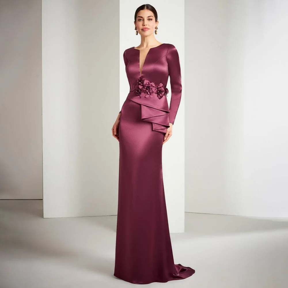 Purple Wedding Guest Dresses for Women Mermaid Deep V Neck Sexy Formal Party Gowns Long Sleeves Flowers Trumpet Evening Dress