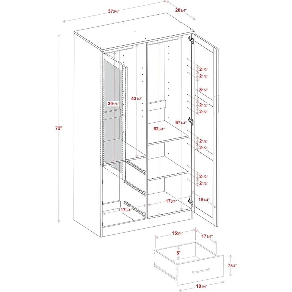 100% Solid Wood Metro 2-Door Wardrobe w/Raised Panel Doors,2Clothing Rods, 2Shelves,Renewable Eco-Friendly Wood bedroom closets