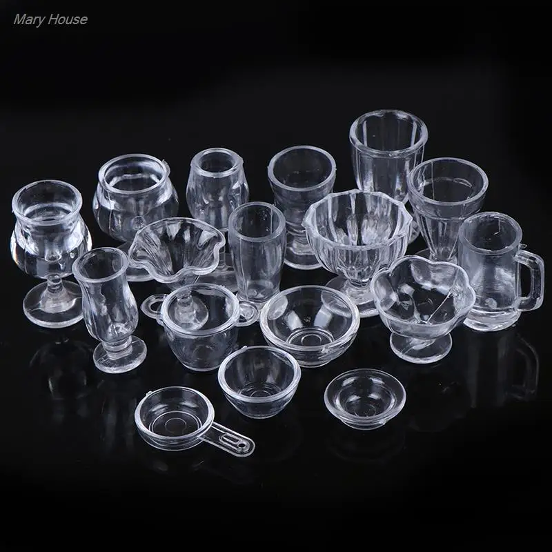1:12 인형 집 귀여운 미니 투명 DIY 척 놀이 주방용품 장난감, 음료수 컵 접시 식기 미니어처, 17 개/세트 인기