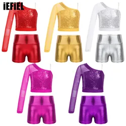 Kids Girls Dance Outfit Sequins Sheer Mesh Long Sleeve One Shoulder Dance Top with Metallic Shiny High Waist Shorts