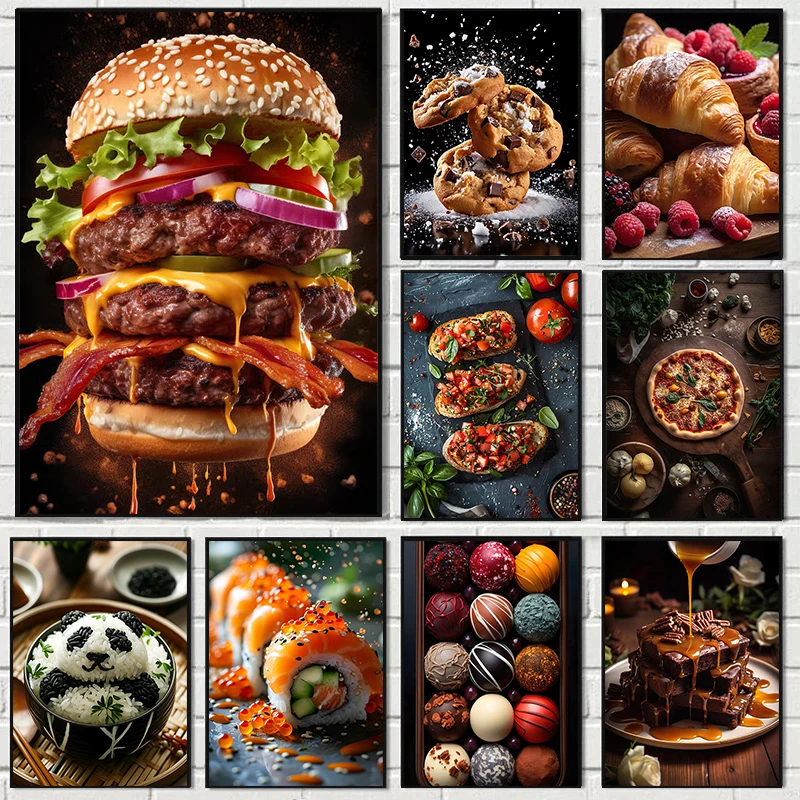 (2D Canvas Painting)  1pc  frameless Canvas Painting Bread Hamburger Dessert Steak Food Print Canvas Painting Wall Picture fo
