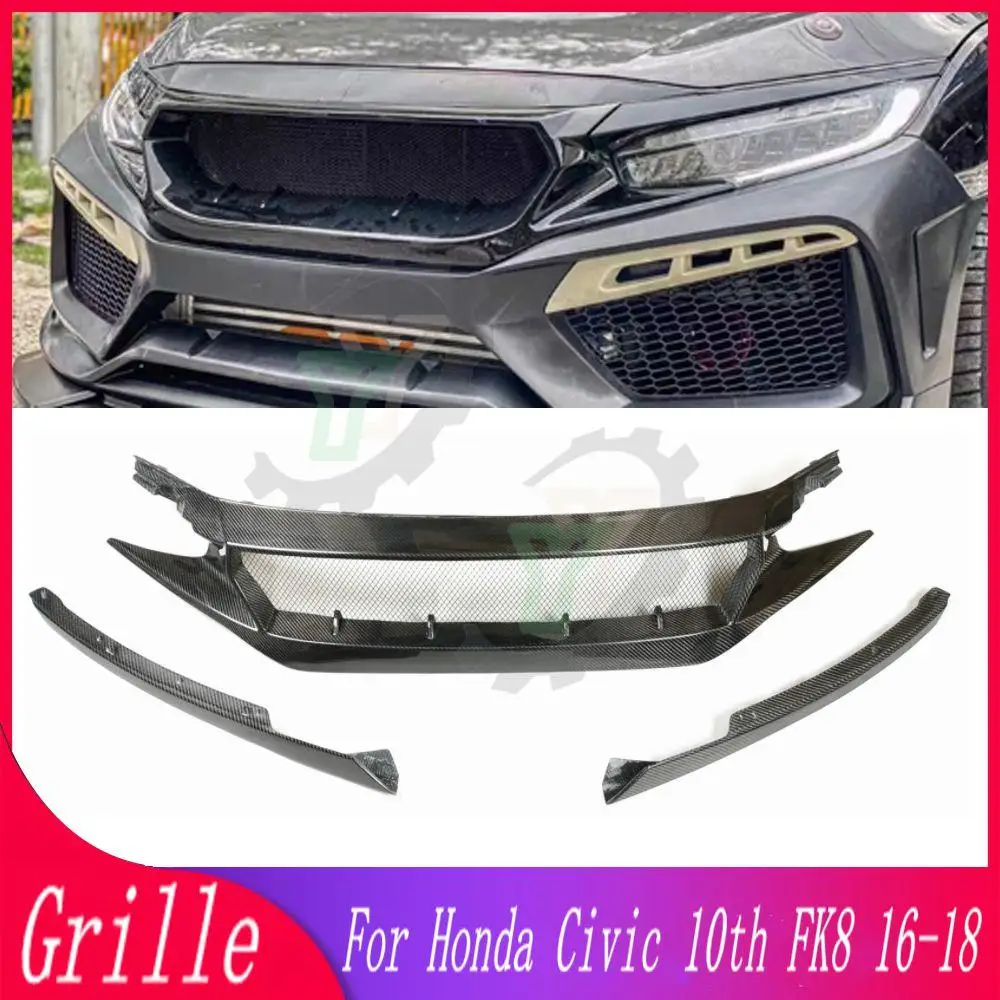 

Car Front Bumper Grille Centre Panel Styling Upper Grill For Honda Civic FK8 FC1 FK7 10th 2016 2017 2018 2019 Real Carbon Fiber