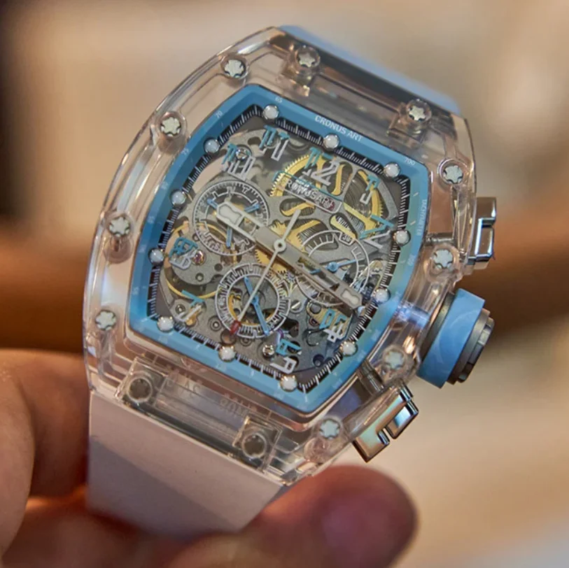 CRONUSART Men Chronograph Watch Tonneau Mechanical Wristwatch Sapphire Case & Sapphire Mirror Luminous Skeleton Dial FKM Strap