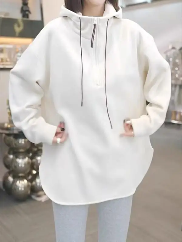 Women's Fleece Lined Hoodie Casual Loose Fit Long Sleeve T-Shirt Korean Style Winter Fashion Butt Covering Top