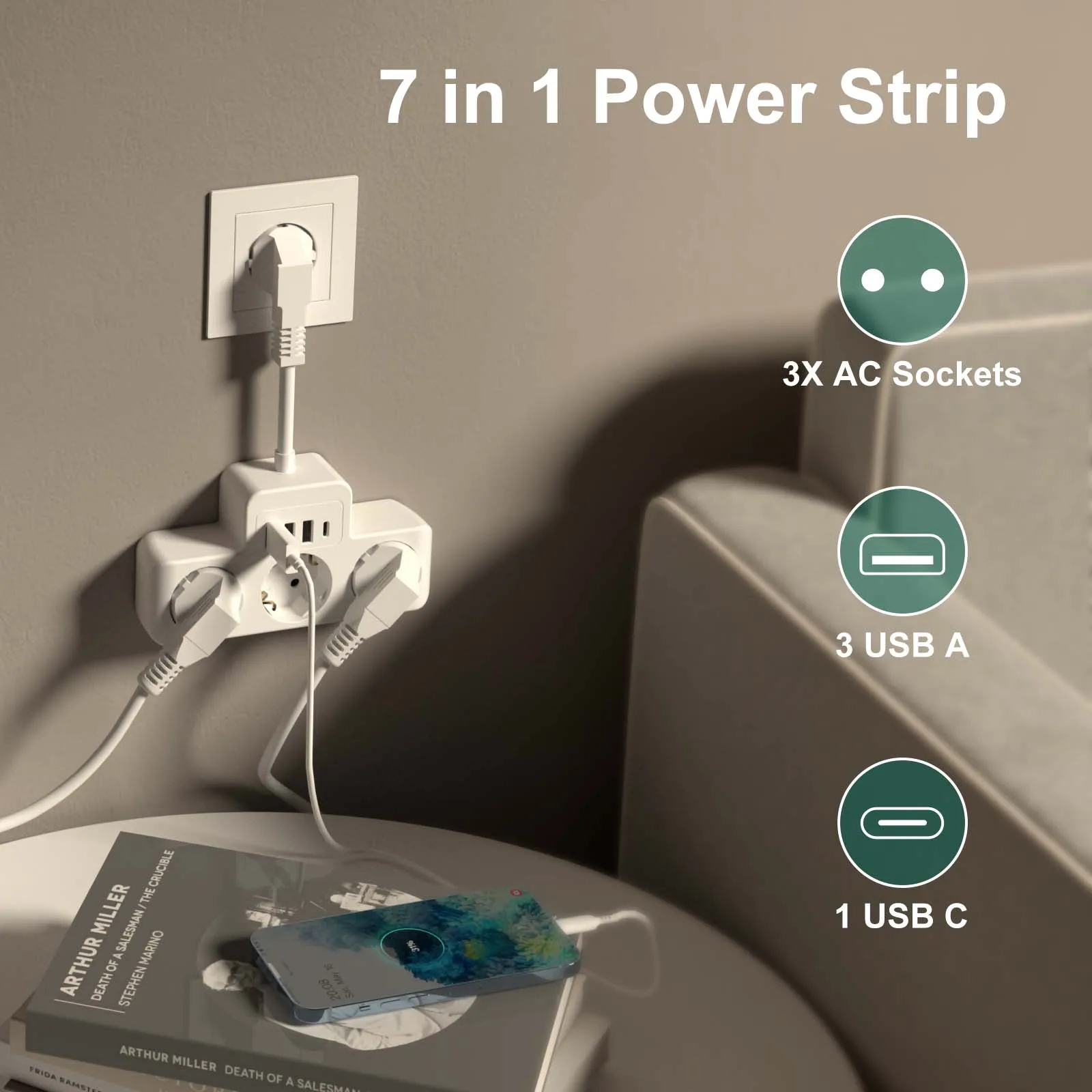 European power socket with 3 USB-A and 1 USB-C power strip 4000 W/250 V/16 A Socket adapter 3AC for home travel and office White