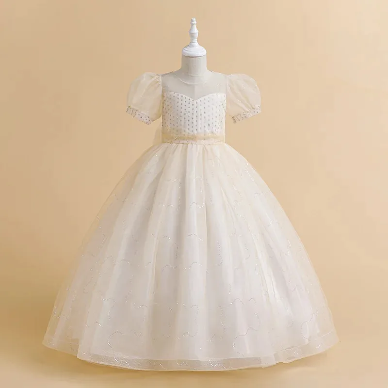 

COSda@Puff Sleeve White Bridemaid Girls Dress Sequin Flower Embroidery Party Princess Dresses For Girl Child Bow Birthday Prom C