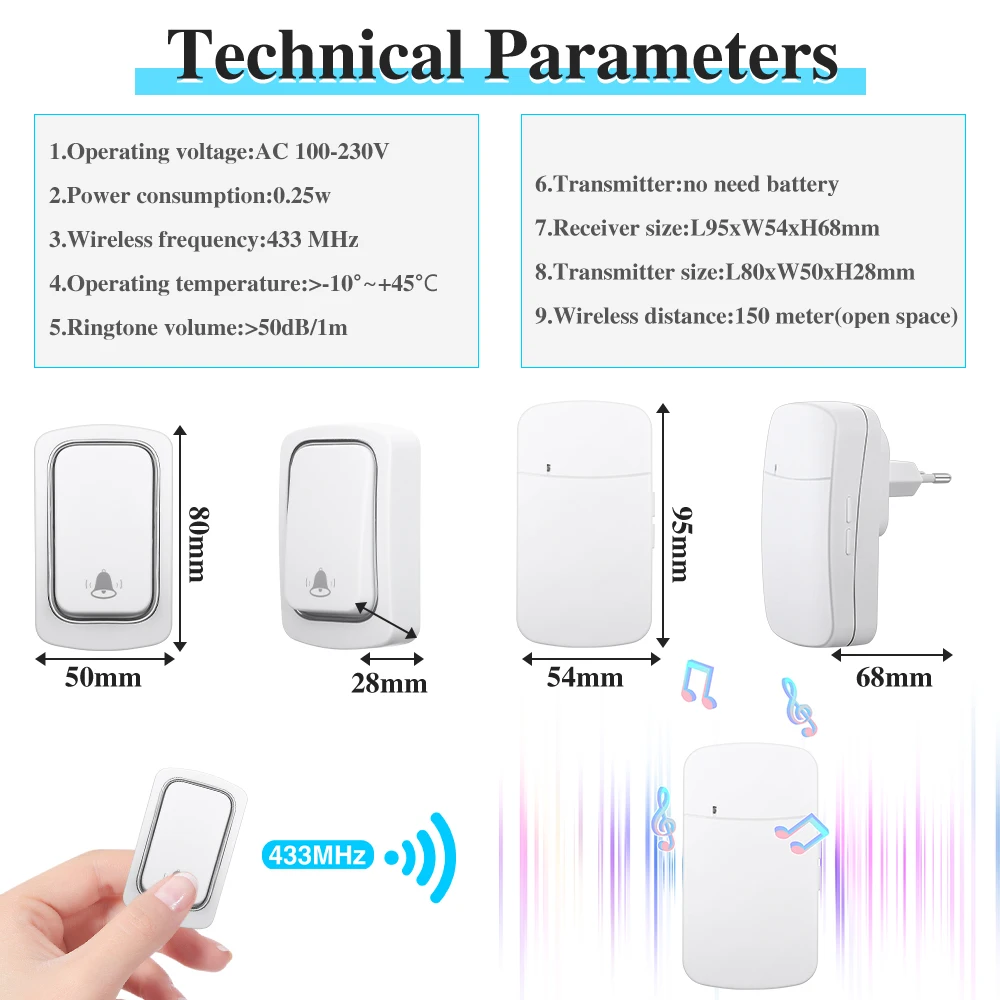 IsFriday Wireless Doorbell Without Batteries Waterproof Outdoor Kinetic Bell Self-powered Button Dog Doorbell Ring Chimes