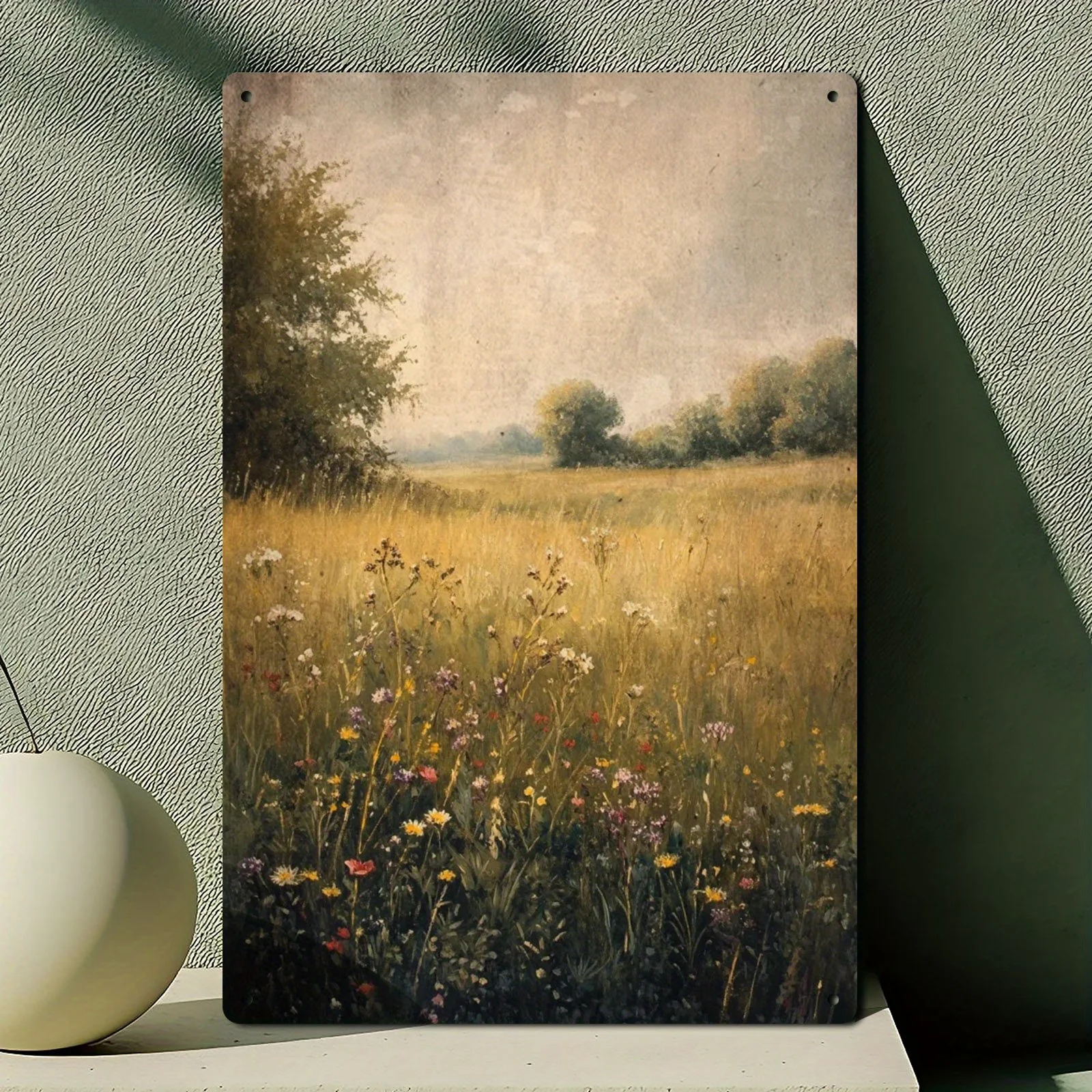 قطعة واحدة من الزهور البرية العتيقة في لوحة زيتية معدنية من القصدير - لوحة فنية جدارية للمزرعة الريفية مقاس 12 × 8 بوصة، 2D مسطحة كتم باللونين الأخضر والأصفر