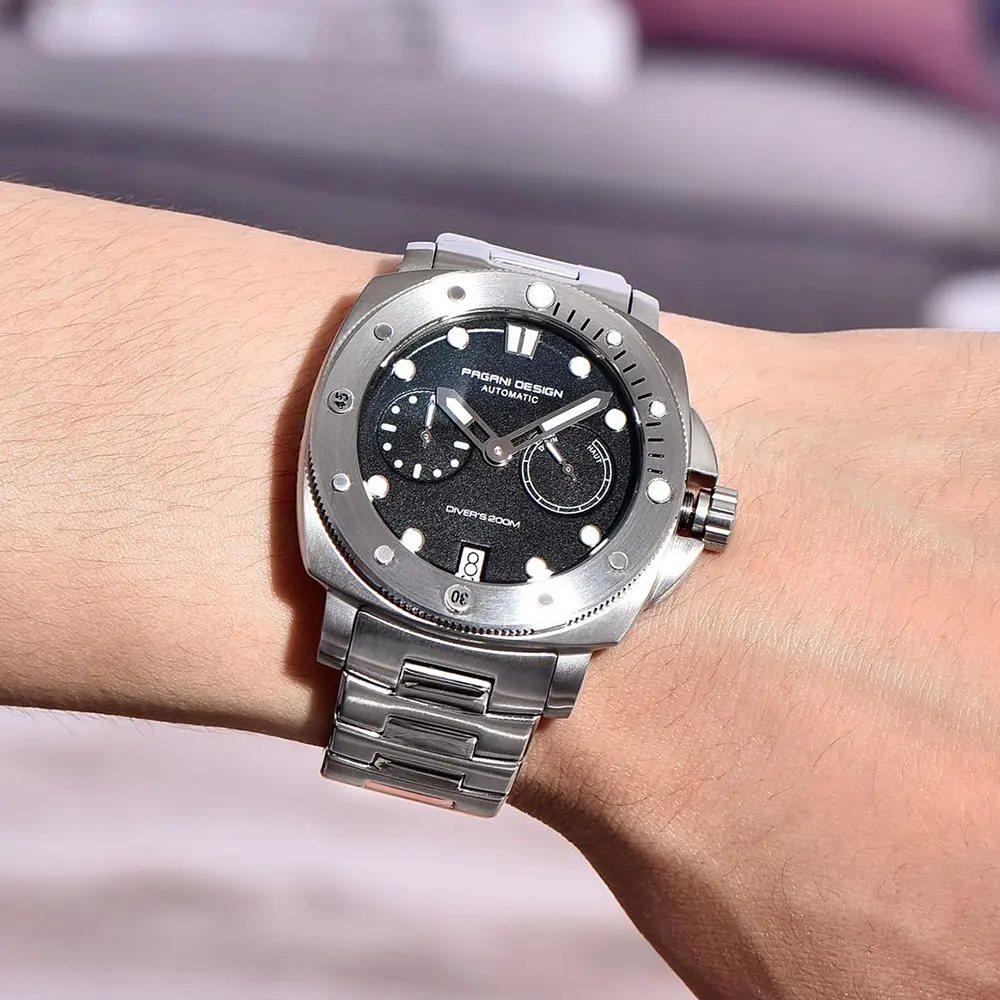 Zegarek męski PAGANI DESIGN, szkło szafirowe, automatyczny, wodoszczelny do 200M, sportowy, casualowy, kalendarz, mechaniczny zegarek na rękę.