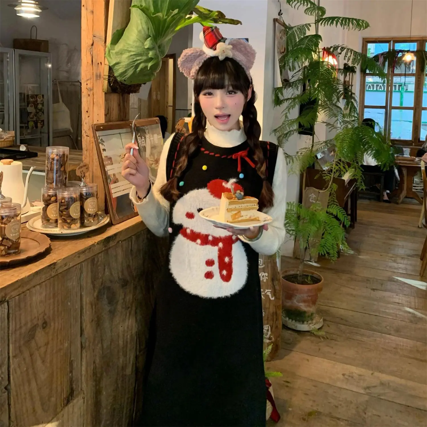 

Christmas Atmosphere Snowman Jacquard Furry Knitted Strap Dress Women Autumn Winter New Loose Slim A-Line Long Skirt