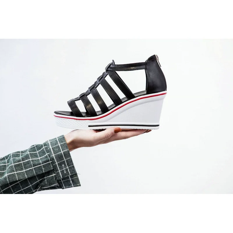 

Summer New Zipper Sponge Cake Heel Thick Bottom 8cm Tall Sandals Slope Heel Large Size Casual Flat Heel Women's Shoes