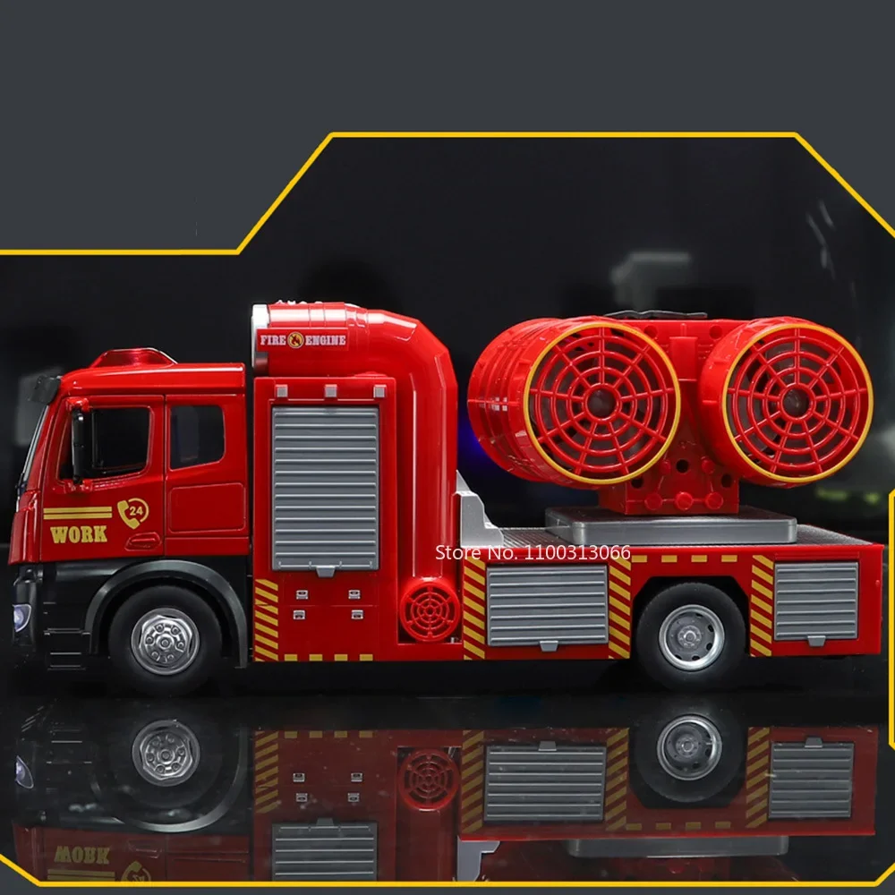 Modelo de motor de bomberos 1:18, camiones de juguete, vehículo de pulverización fundido a presión de Metal, puertas con luz y sonido, coche de ingeniería extraíble abierto para regalo de niño