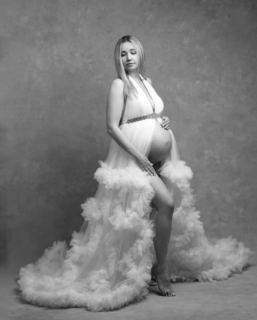 Luxo branco vestidos para grávidas sem cinto exuberante em camadas vestido de maternidade frente fenda halter inchado longo vestidos de gravidez fora do ombro