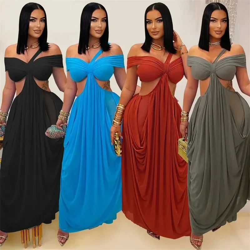 

Slash Neck Strapless Y2K Dress Women Elegant Hollow Out Off Shoulder Ruched Mesh Sheer Night Club Party Long Dresses