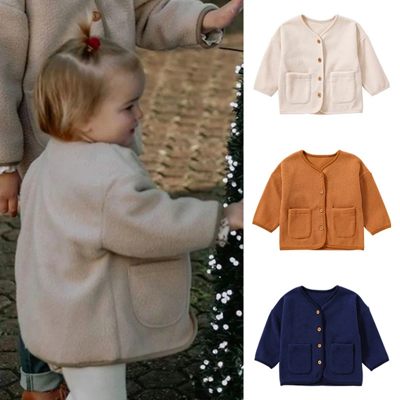 Toddler Baby Girl Boys Clothes Autumn Winter Solid Color Fleece Jacket 0 To 3 Years Old Simple Infant Wool Sweater Jackets