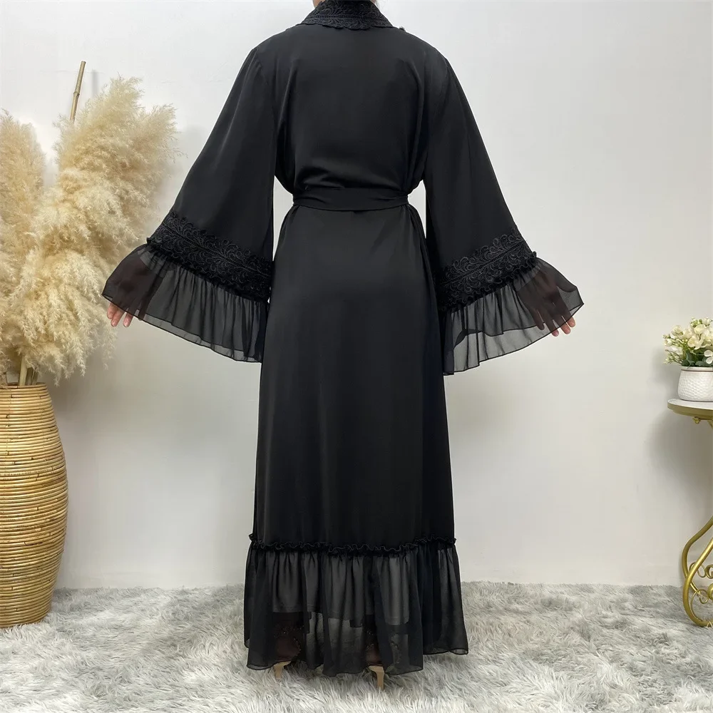 Flor preta bordado aberto abaya dubai turquia kaftan muçulmano cardigan vestidos para mulheres caftan islam roupas para mulheres muçulmanas