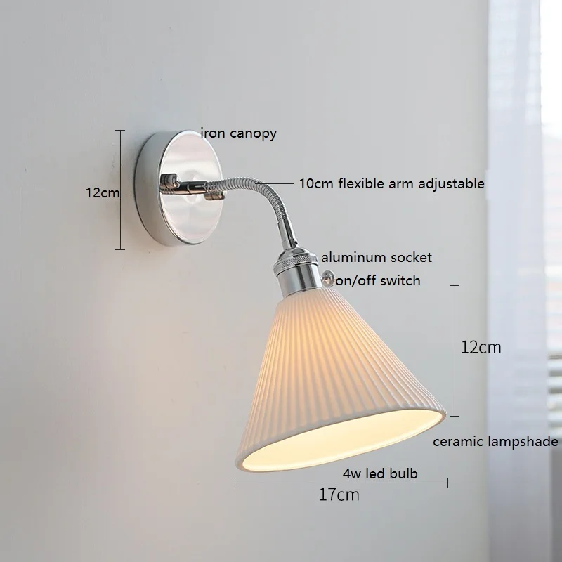 IWHD  Flexible Arm Adjustable LED Wall Light Sconce Ceramic Lampshade Bedroom Living Room Beside Lamp Silver Wandlamp Applique