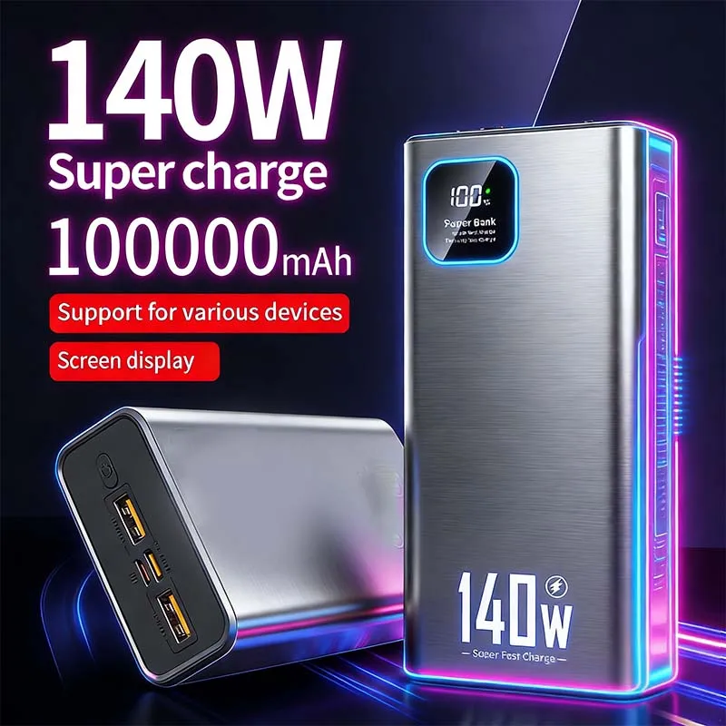 140W 100000mAh Power Bank High Capacity Super Fast Charging Power Bank Portable Battery Charger For iPhone Samsung Xiaomi