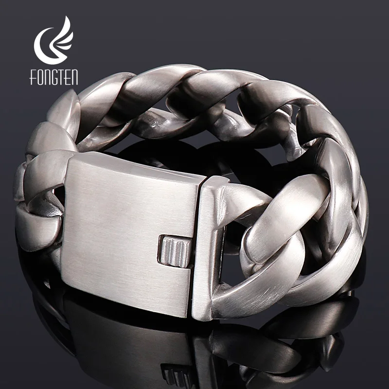 

Fongten 31mm Width Brushed Shiny Bracelets For Men Silver Color Stainless Steel Chunky Cuban Chain Male Bracelet Jewelry